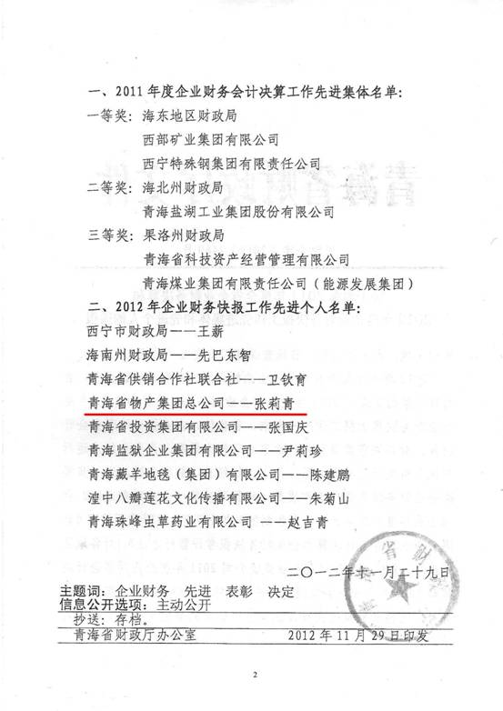 物產(chǎn)集團(tuán)榮獲2011年度財(cái)務(wù)決算先進(jìn)單位、2012年度財(cái)務(wù)快報(bào)工作先進(jìn)個(gè)人表彰